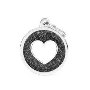 hondenpenning Big Black Glitter Circle White Heart