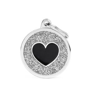 hondenpenning Big Grey Glitter Circle Black Heart