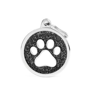 hondenpenning shine big black glitter circle white paw