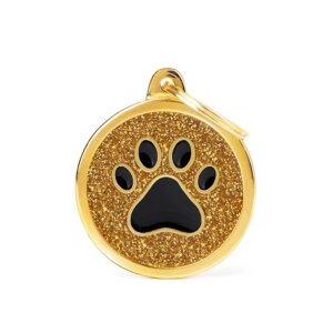 hondenpenning shine big gold glitter circle black paw