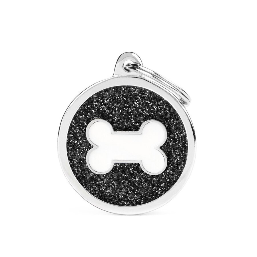 shine big black glitter circle white bone hondenpenning