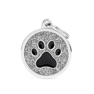 shine big grey glitter circle black paw hondenpenning