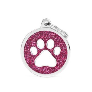 shine big pink glitter circle white paw hondenpenning